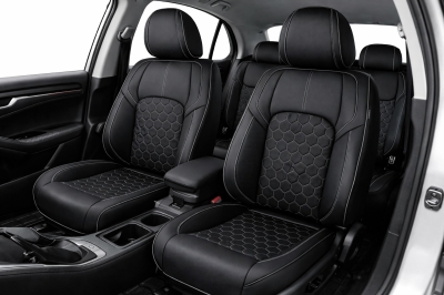 Set Huse Auto universale luxoase din piele ecologica, negru-alb, integral din piele ecologica, pentru scaune fata si spate