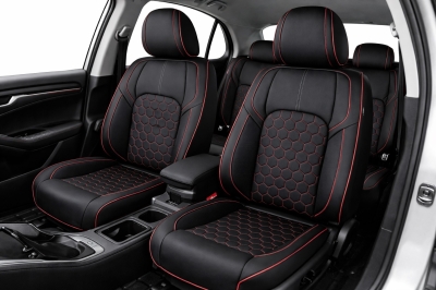 Set Huse Auto universale luxoase din piele ecologica, negru-rosu, integral din piele ecologica, pentru scaune fata si spate