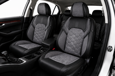 Set Huse Auto universale luxoase din piele ecologica si alcantara, Negru-Gri pentru scaunele din fata si din spate