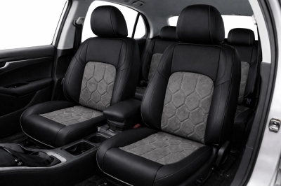 Set Huse Auto universale luxoase din piele ecologica si alcantara, Negru-Gri pentru scaunele din fata si din spate