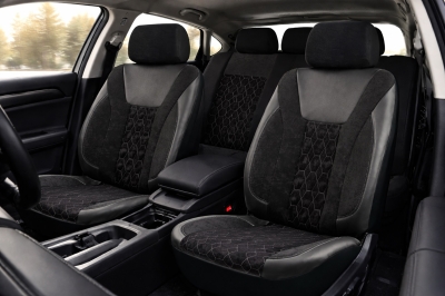Set huse auto universale premium 9 piese, negru-gri, piele ecologica, textil si poliester