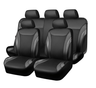 Set huse auto universale premium 9 piese, negru cu efect carbon, piele ecologica si material textil respirabil