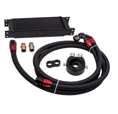 Kit complet radiator ulei universal din aluminiu, 13 randuri, 330 x 50 x 95 mm, AN10 37°, cu furtunuri si adaptor pentru filtru de ulei, negru