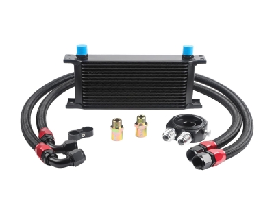 Kit complet radiator ulei universal din aluminiu, 16 randuri, 330 x 50 x 115 mm, AN10 37°, cu furtunuri si adaptor pentru filtru de ulei, negru