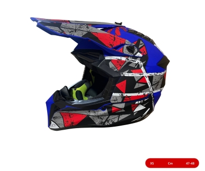 Casca copii Motocross - Enduro pentru motocicleta, ATV, bicicleta – marimea XS (47-48 cm), albastru mat cu design rosu-gri