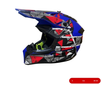 Casca copii Motocross - Enduro pentru motocicleta, ATV, bicicleta – marimea S (49-50 cm), albastru mat cu design rosu-gri