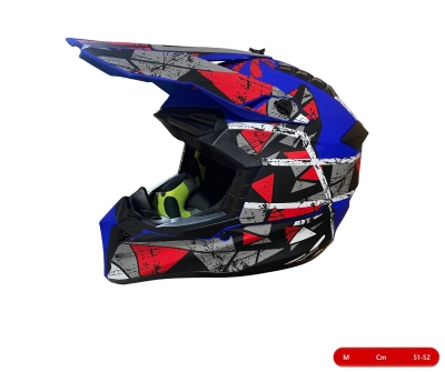 Casca Motocross - Enduro pentru motocicleta, ATV, bicicleta – marimea M (51-52 cm), albastru mat cu design rosu-gri