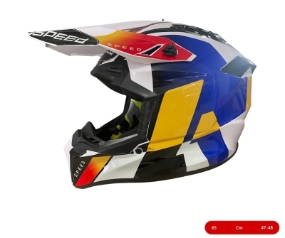 Casca copii Motocross - Enduro pentru motocicleta, ATV, bicicleta – marimea XS (47-48 cm), alba cu design galben-albastru