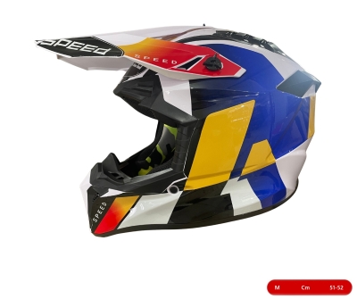 Casca Motocross - Enduro pentru motocicleta, ATV, bicicleta – marimea M (51-52 cm), alba cu design galben-albastru