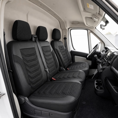 Set huse scaune premium PANDA pentru FORD TRANSIT MK8 2014-2023, Piele ecologica si material textil, Negru/Gri