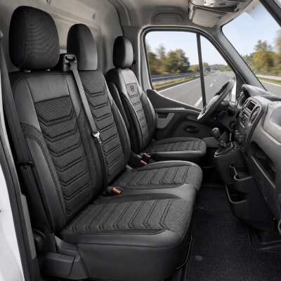 Set huse scaune premium PANDA pentru RENAULT MASTER IV 2024+ / NISSAN INTERSTAR 2024+, Piele ecologica si material textil, Negru/Gri