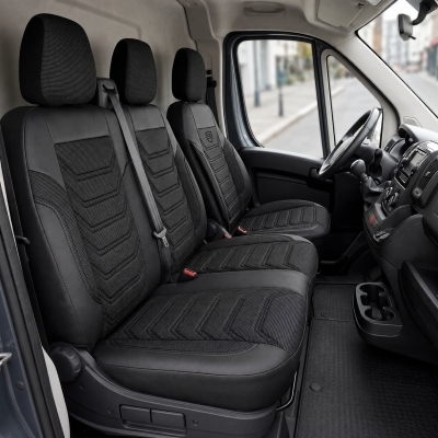 Set huse scaune premium PANDA pentruFIAT DUCATO / PEUGEOT BOXER / CITROEN JUMPER 2006-2024, Piele ecologica si material textil, Negru/Gri