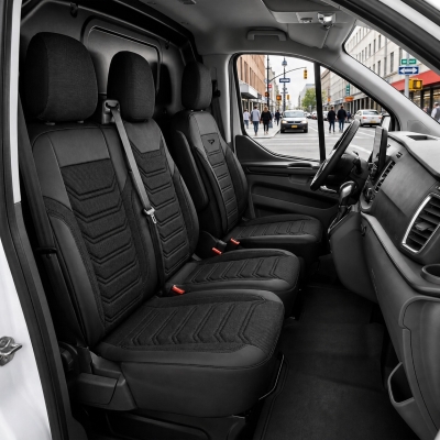 Set huse scaune premium PANDA pentru PEUGEOT EXPERT III 2016+ / CITROEN JUMPY III 2016+ / OPEL VIVARO C 2019+ / FIAT SCUDO 2022+, Piele ecologica si material textil, Negru/Gri