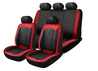 Set Complet Huse Auto Universale Premium – 9 Piese, Piele Ecologica Negru/Rosu