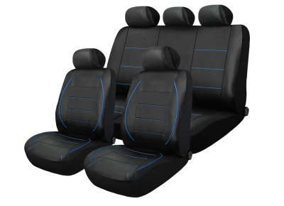 Set Complet Huse Auto Universale Premium – 9 Piese, Piele Ecologica Neagra cu Cusaturi Albastre