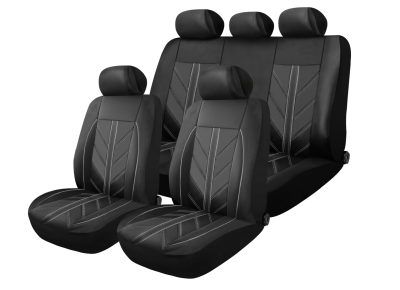 Set Complet Huse Auto Universale Premium – 9 Piese, Piele Ecologica Neagra cu Cusaturi Gri