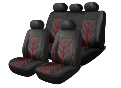 Set Complet Huse Auto Universale Premium – 9 Piese, Piele Ecologica Neagra cu Cusaturi Rosii