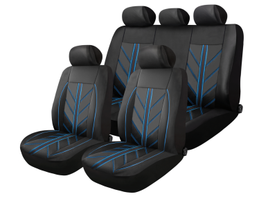 Set Complet Huse Auto Universale Premium – 9 Piese, Piele Ecologica Neagra cu Cusaturi Albastre