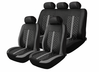 Set Complet Huse Auto Universale Premium – 9 Piese, Piele Ecologica Negru/Gri