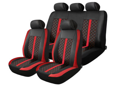 Set Complet Huse Auto Universale Premium – 9 Piese, Piele Ecologica Negru/Rosu