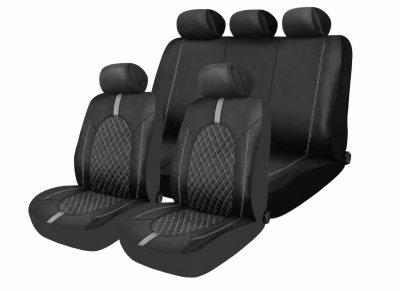 Set Complet Huse Auto Universale Premium – 9 Piese, Piele Ecologica Negru/Gri