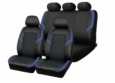 Set Complet Huse Auto Universale Premium – 9 Piese, Piele Ecologica Negru/Albastru