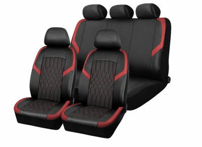 Set Complet Huse Auto Universale Premium – 9 Piese, Piele Ecologica Negru/Rosu