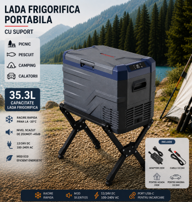 Set Camping Flexzon - Lada Frigorifica Portabila SMART 35.3L + Suport Pliabil Reglabil din Aluminiu 60kg