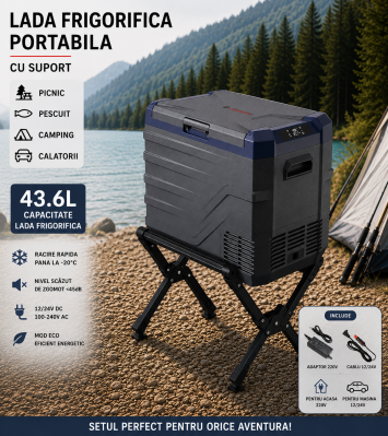 Set Camping Flexzon - Lada Frigorifica Portabila SMART 43.6L + Suport Pliabil Reglabil din Aluminiu 60kg