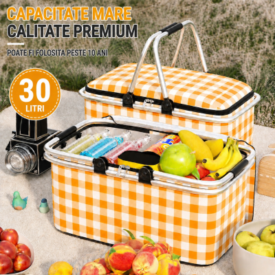 Cos de Picnic Pliabil 30L - Termoizolant, Cadru Aluminiu, Capac cu Fermoar pentru Camping, Excursii si Cumparaturi