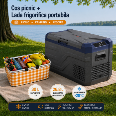 Set Camping Flexzon - Lada Frigorifica Portabila SMART 26.8L + Cos de Picnic Pliabil Termoizolant 30L