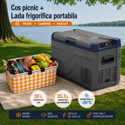 Set Camping Flexzon - Lada Frigorifica Portabila SMART 35.3L + Cos de Picnic Pliabil Termoizolant 30L