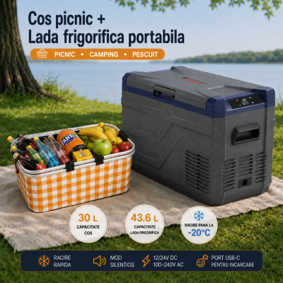 Set Camping Flexzon - Lada Frigorifica Portabila SMART 43.6L + Cos de Picnic Pliabil Termoizolant 30L
