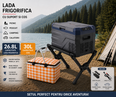Set Camping Flexzon - Lada Frigorifica Portabila SMART 26.8L + Suport Pliabil Reglabil din Aluminiu 60kg + Cos de Picnic Pliabil Termoizolant 30L