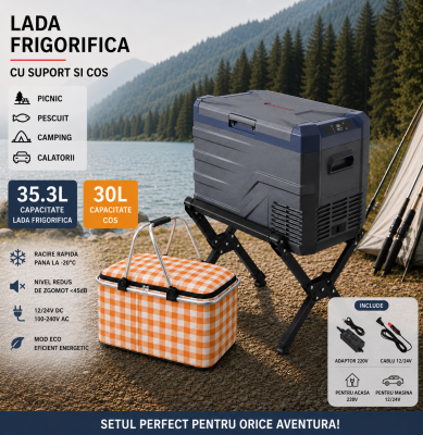 Set Camping Flexzon - Lada Frigorifica Portabila SMART 35.3L + Suport Pliabil Reglabil din Aluminiu 60kg + Cos de Picnic Pliabil Termoizolant 30L