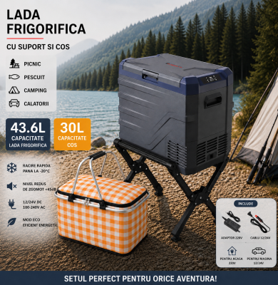 Set Camping Flexzon - Lada Frigorifica Portabila SMART 43.6L + Suport Pliabil Reglabil din Aluminiu 60kg + Cos de Picnic Pliabil Termoizolant 30L