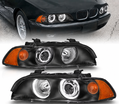 Faruri cu Angel Eyes pentru BMW E39 (1997–2003) Carcasa neagra, lentila clara, becuri halogen