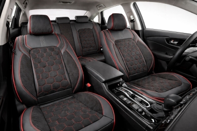 Set Huse Auto universale luxoase din piele ecologica si alcantara, Negru-Rosu pentru scaunele din fata si din spate