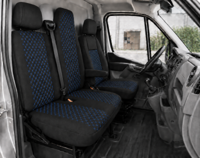 Set Huse Textile pentru Renault Master III 2010-2019 – Negru cu Cusatura Albastra