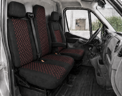 Set Huse Textile pentru Renault Master III 2010-2019 – Negru cu Cusatura Rosie