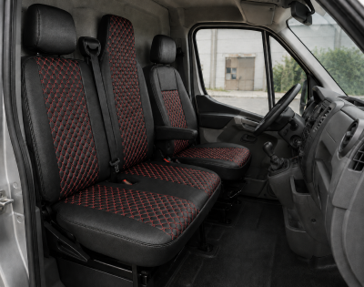 Set Huse din Piele Ecologica pentru Renault Master III 2010-2019 – Negru cu Cusatura Rosie