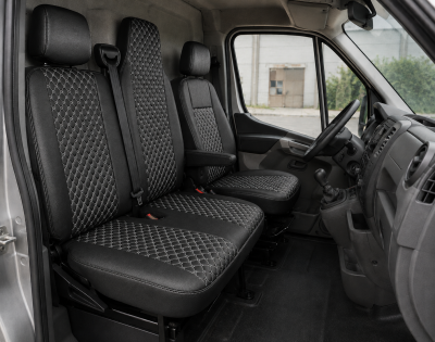 Set Huse din Piele Ecologica pentru Renault Master III 2010-2019 – Negru cu Cusatura Alba