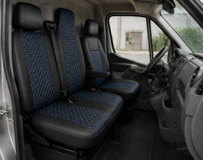 Set Huse din Piele Ecologica pentru Renault Master III 2010-2019 – Negru cu Cusatura Albastra