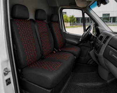 Set Huse din Piele Ecologica pentru Mercedes Sprinter W906 2006-2018 – Negru cu Cusatura Rosie