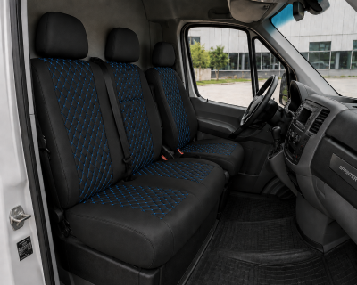 Set Huse din Piele Ecologica pentru Mercedes Sprinter W906 2006-2018 – Negru cu Cusatura Albastra