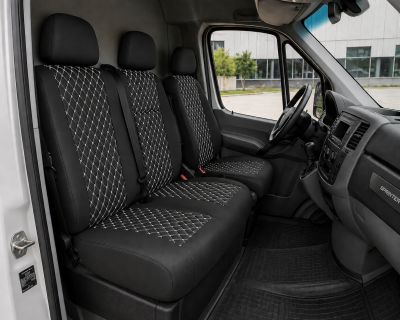 Set Huse din Piele Ecologica pentru Mercedes Sprinter W906 2006-2018 – Negru cu Cusatura Alba