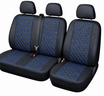 Set Huse Universale 2+1 din Piele Ecologica pentru Microbuz – Negru cu Cusatura Albastra