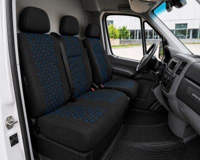 Set Huse Textile pentru Mercedes Sprinter W906 2006-2018 – Negru cu Cusatura Albastra