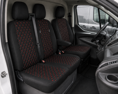 Set huse scaune 2+1 pentru FORD TRANSIT CUSTOM 2009+ – Piele ecologica, Negru cu cusaturi rosii, 8 piese