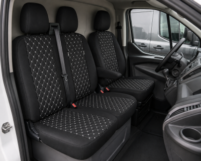 Set huse scaune 2+1 pentru FORD TRANSIT CUSTOM 2009+ – Piele ecologica, Negru cu cusaturi albe, 8 piese